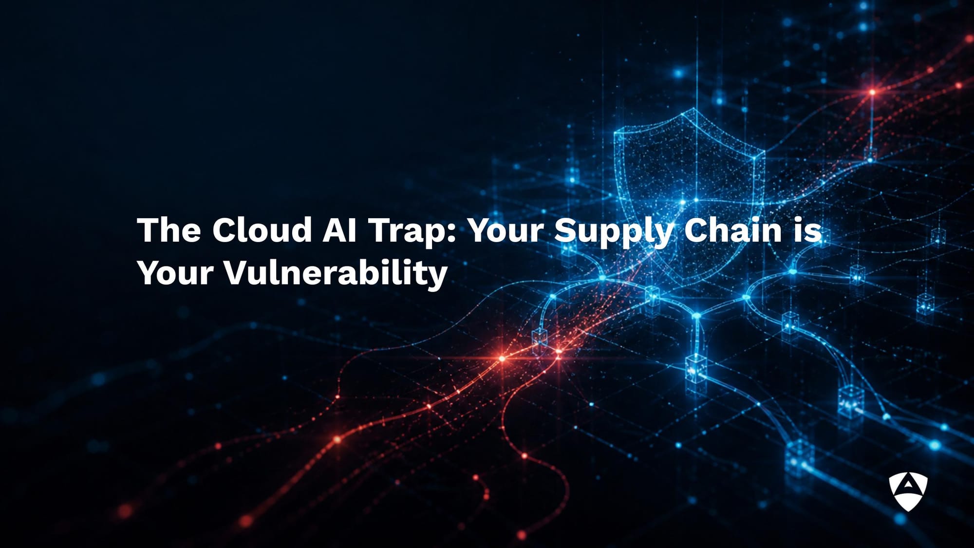 Glowing digital cyber shield protecting a network from cloud AI vulnerabilities and supply chain risks.
