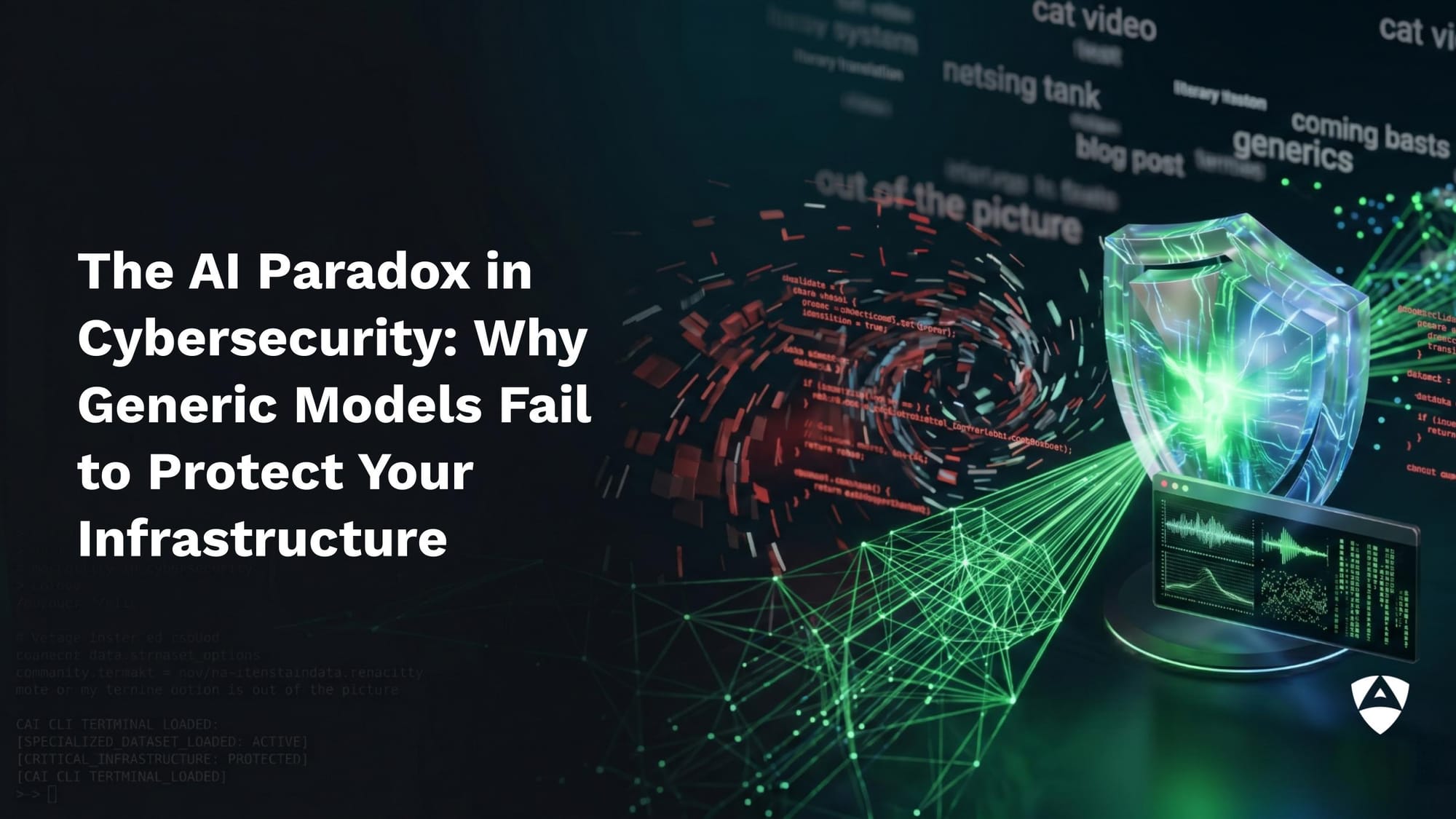 Cover for 'The AI Paradox in Cybersecurity'. A glowing green digital shield and CLI terminal screen defend against swirling red data fragments, representing specialized cyber defense.