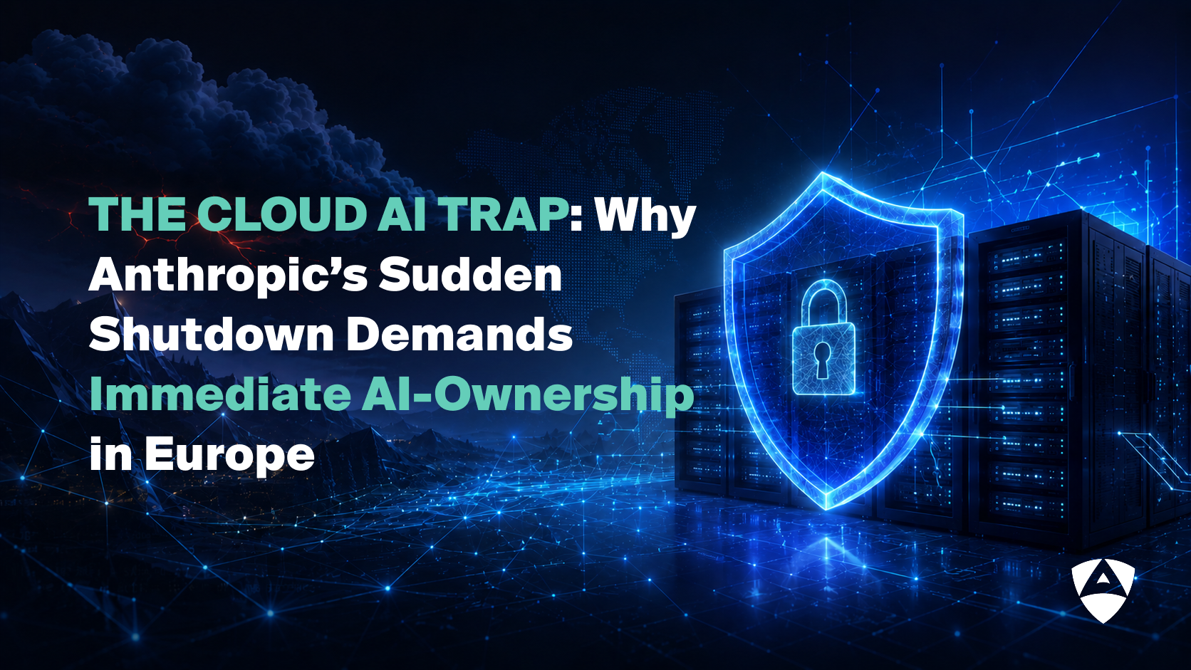 Cybersecurity blog banner featuring server racks behind a glowing blue holographic shield with the text 'The Cloud AI Trap' on the left.