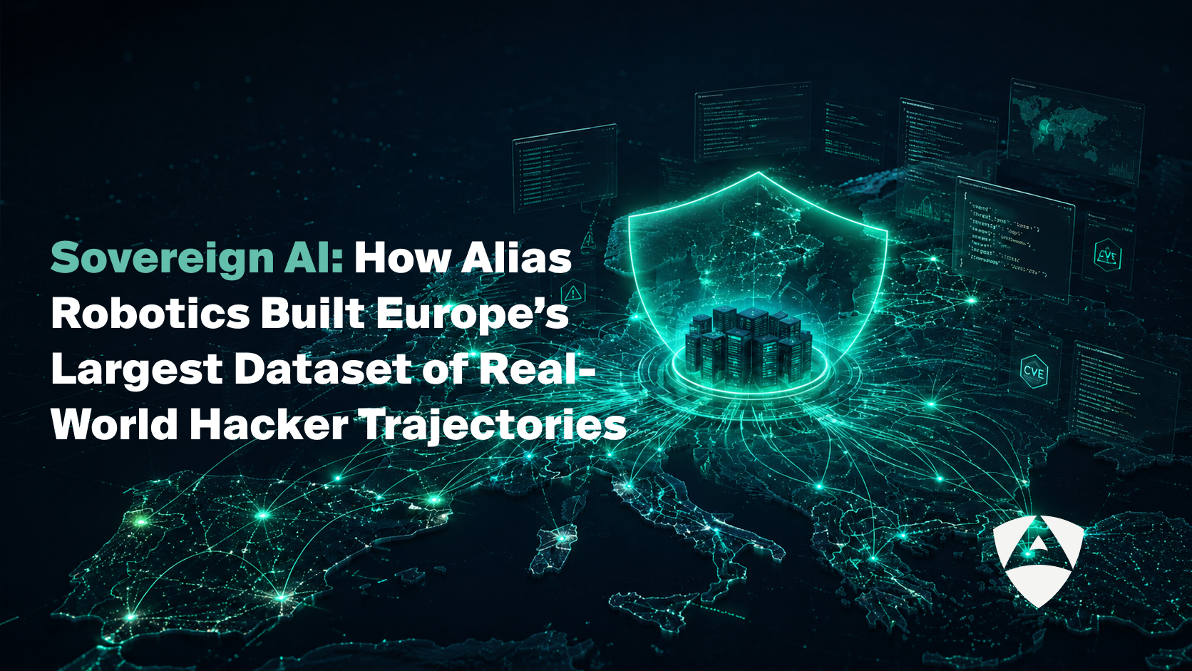 Digital map of Europe with glowing network nodes representing the Alias Robotics cybersecurity dataset on real-world hacker trajectories.