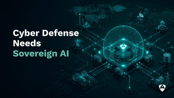 Futuristic digital illustration representing a secure cyber infrastructure network, featuring the text "Cyber Defense Needs Sovereign AI".