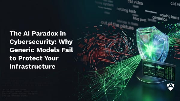 Cover for 'The AI Paradox in Cybersecurity'. A glowing green digital shield and CLI terminal screen defend against swirling red data fragments, representing specialized cyber defense.