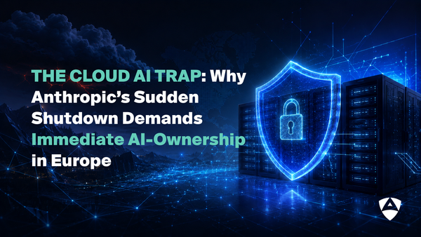 Cybersecurity blog banner featuring server racks behind a glowing blue holographic shield with the text 'The Cloud AI Trap' on the left.